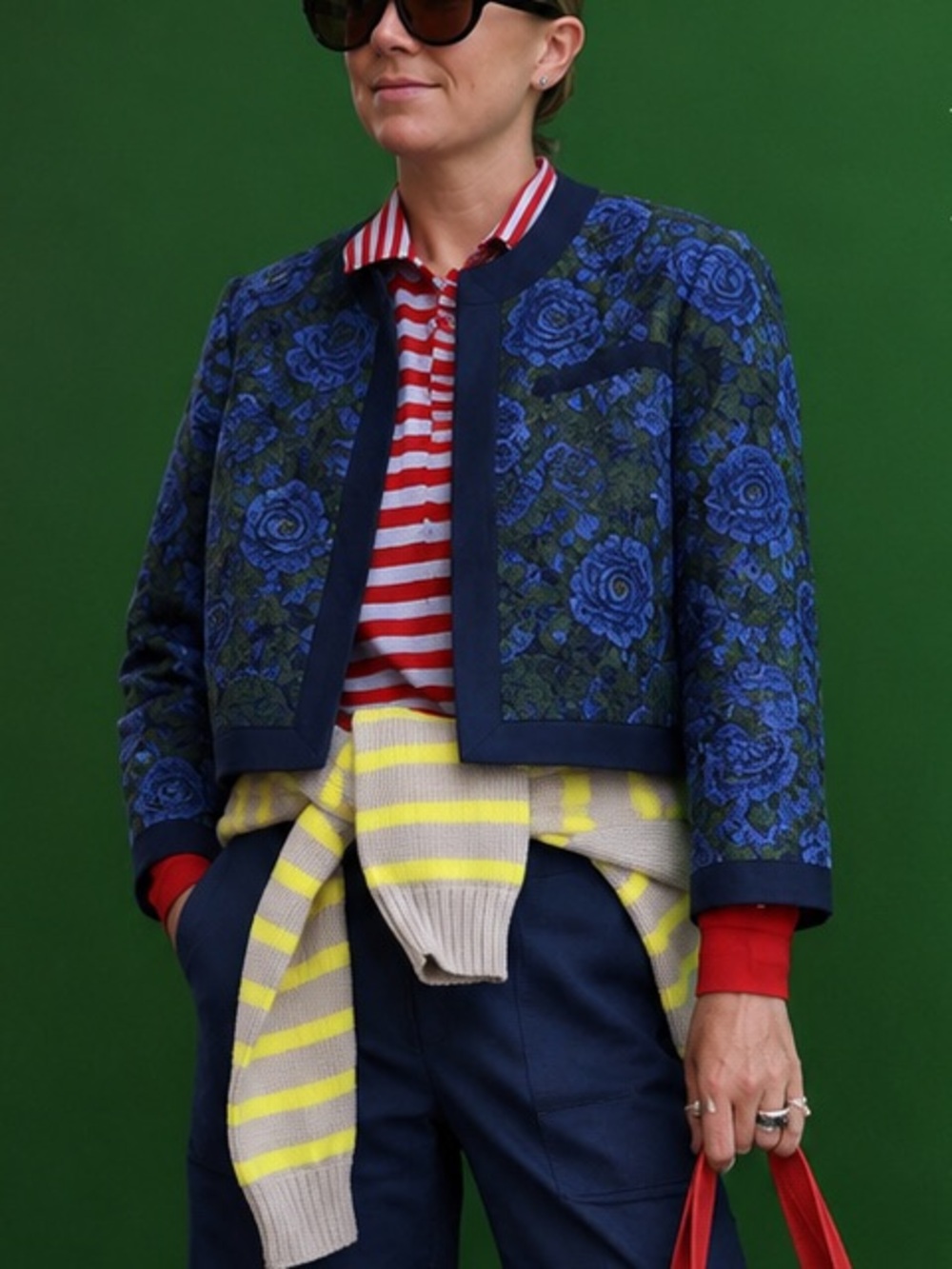 Pink Tartan Floral Jacquard Crop Jacket in Navy and Green